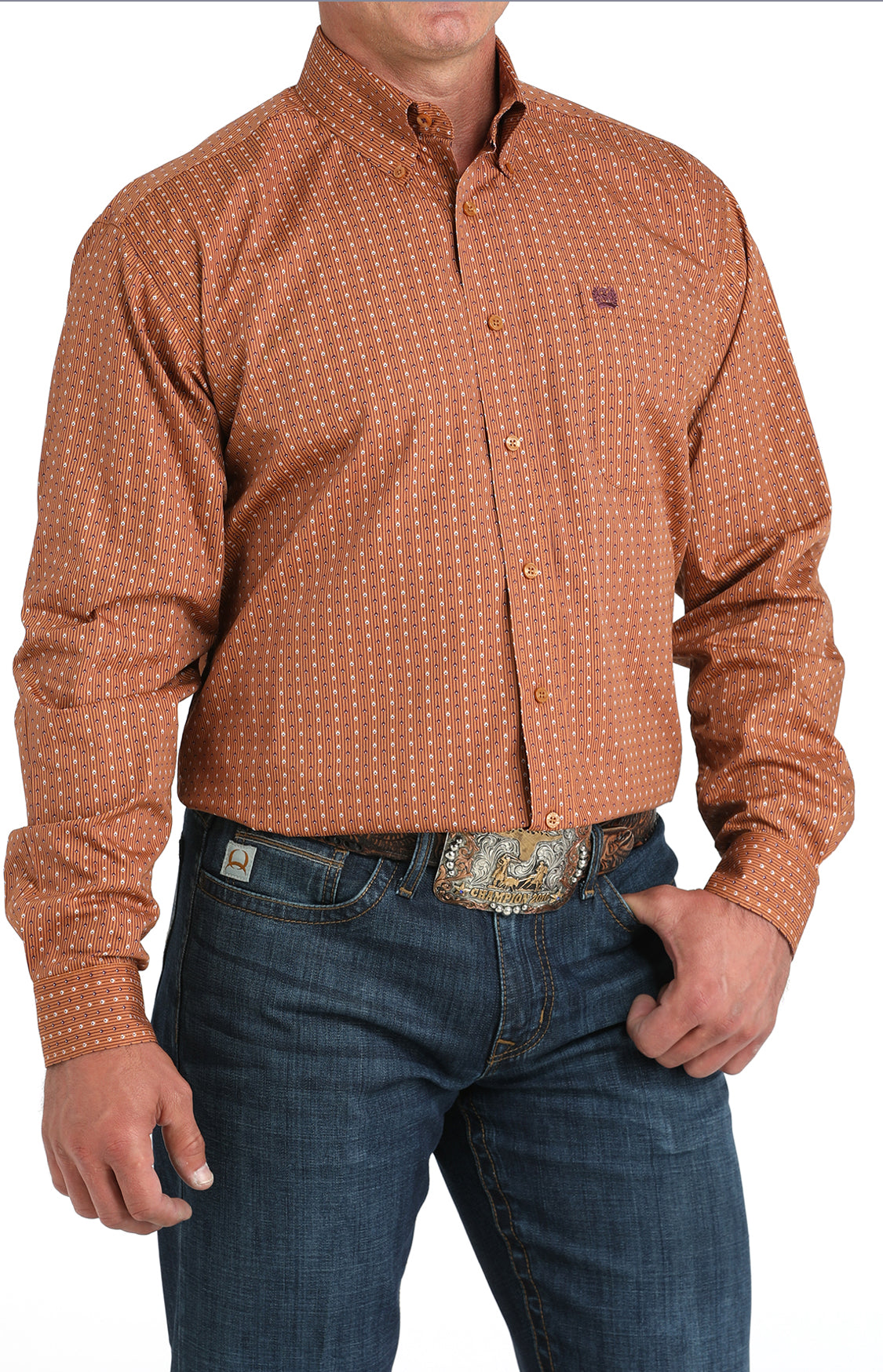 Cinch Mens Cotton Longsleeved Shirt-Rusty Brown Print