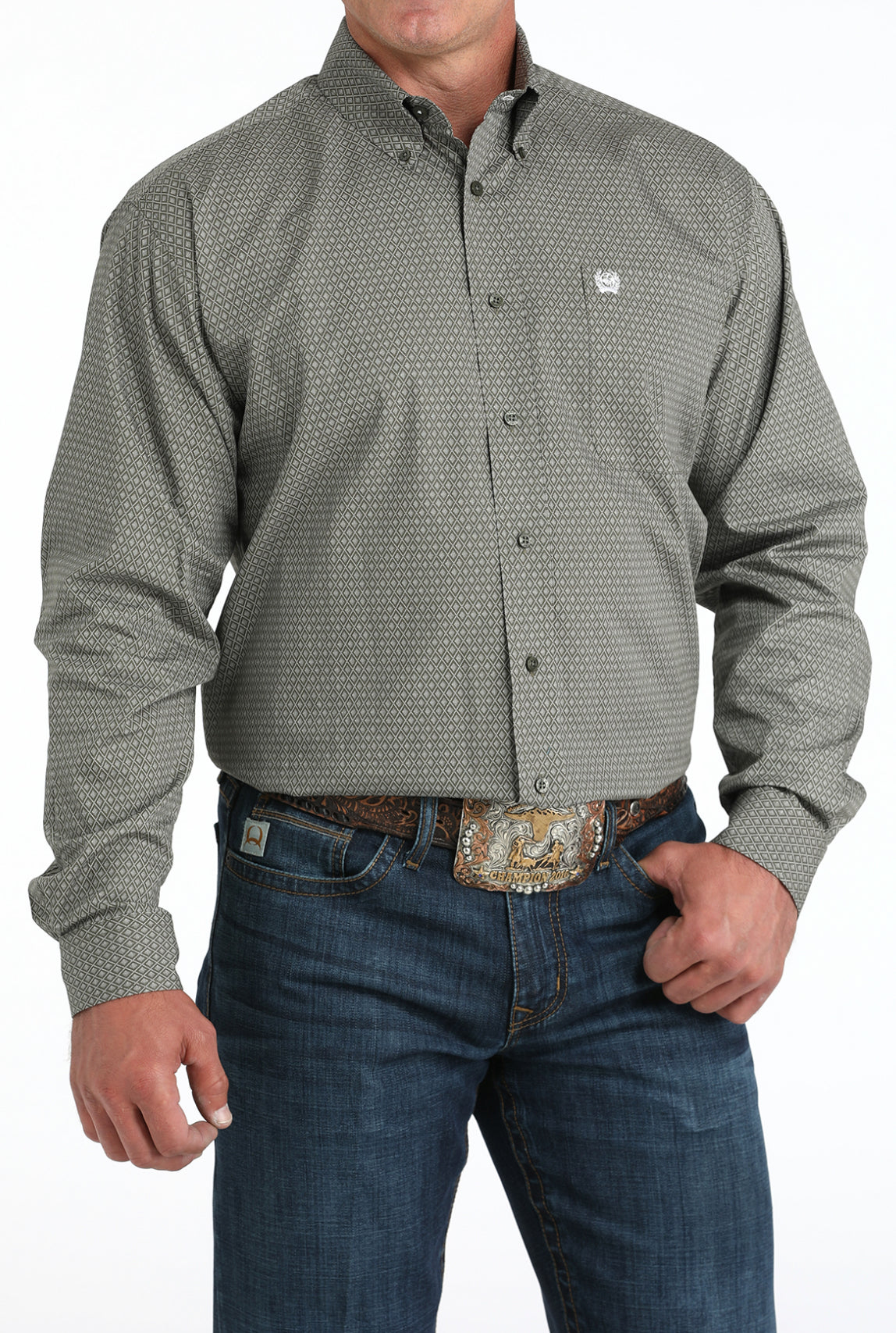 Cinch Mens Cotton Longsleeved Shirt-Olive Print