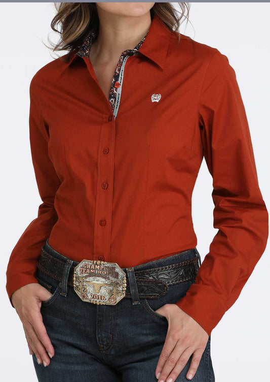 Ladies Cinch Cotton Longsleeved Shirt-Rusty Red