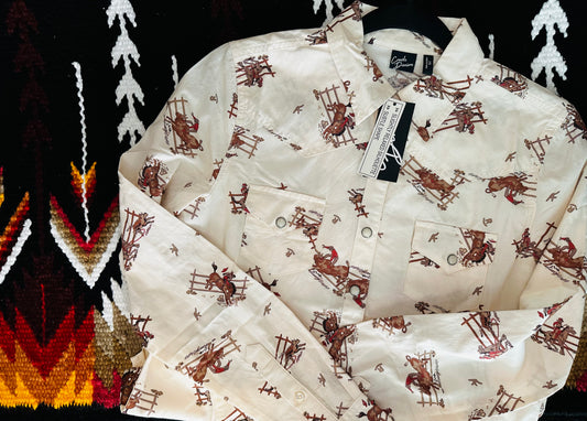Cruel Denim Retro Cowboy Print in Cream/Brown